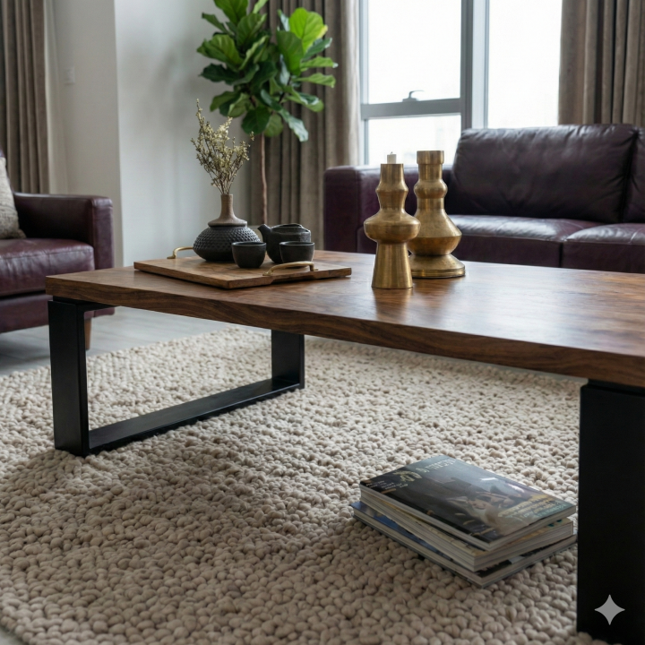 Premium Solid Wood & Black Metal Coffee Table